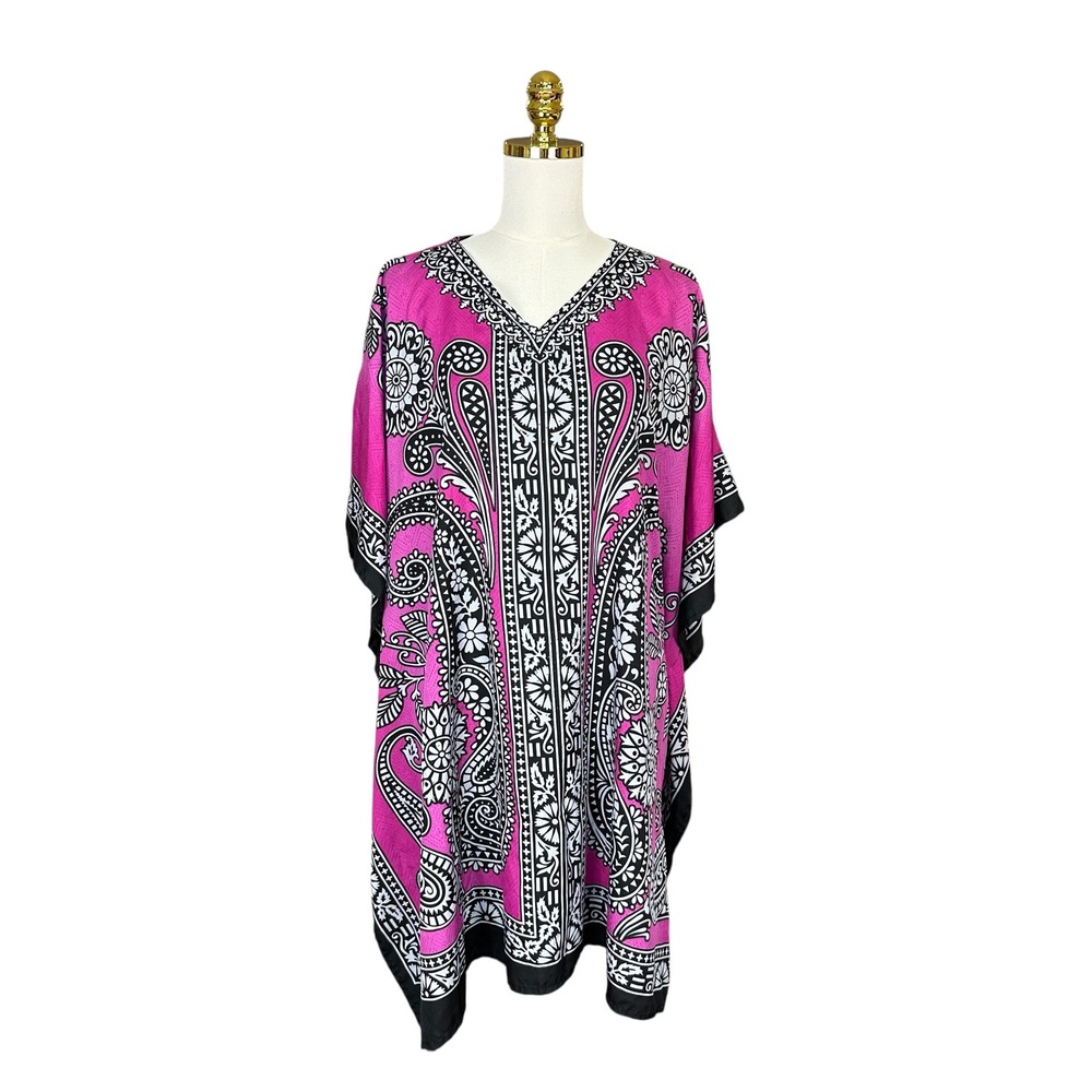 VTG Sante Classics Floral Kafton Pink Paisley Dress V-Neck One Size Boho Beach
